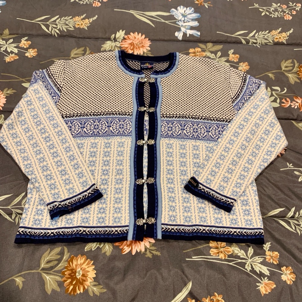 Skjaeveland Norway Fair Isle 100% Cotton Cardigan Sweater Sz S NEEDS REPAIR